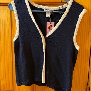 Navy Knit Sleeveless Cardigan with Cream Trim